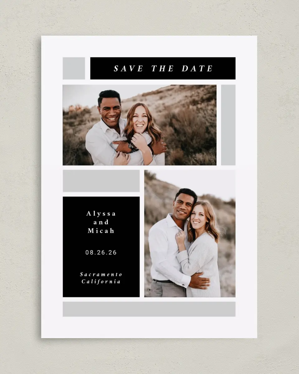 This is a 5" x 7" Save the Date Card called Framed Boxes printed in full color on Premium Smooth paper