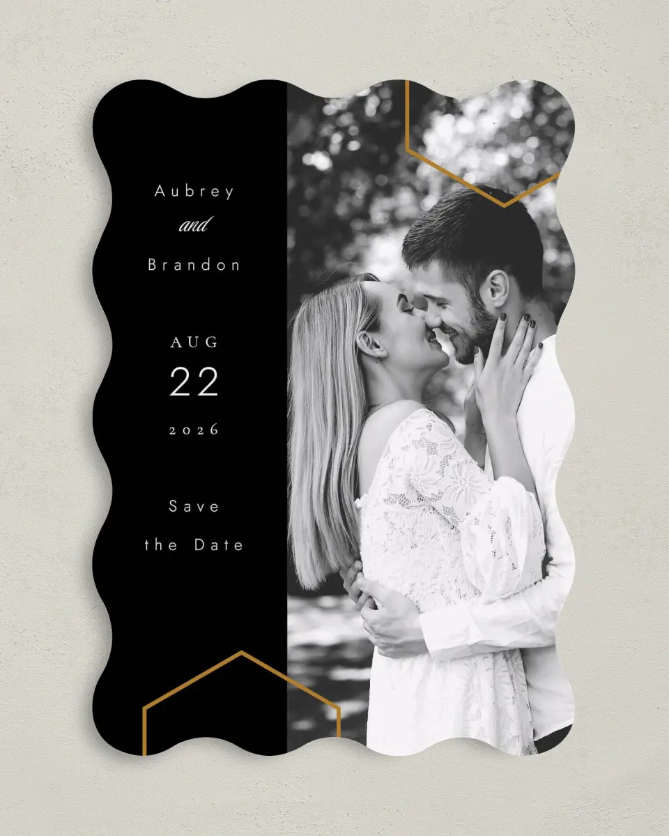 This is a 5" x 7" Save the Date Card called Love's Ribbon printed in full color on Premium Smooth paper