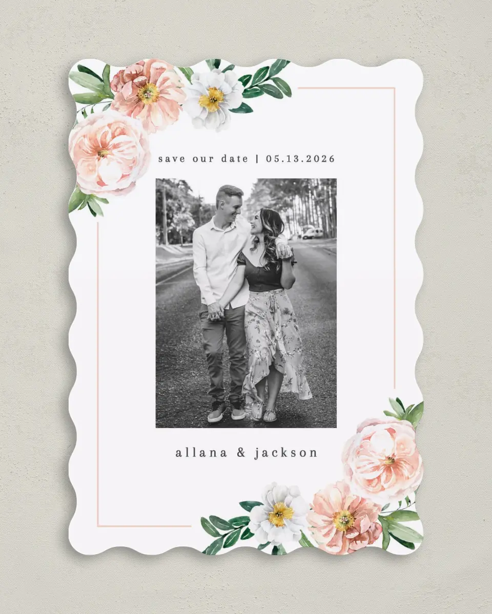 This is a 5" x 7" Save the Date Card called Delicate Florals printed in full color on Premium Smooth paper
