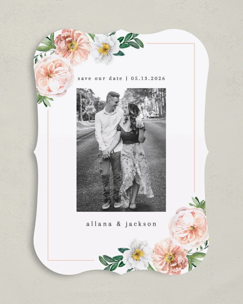 This is a 5" x 7" Save the Date Card called Delicate Florals printed in full color on Premium Smooth paper