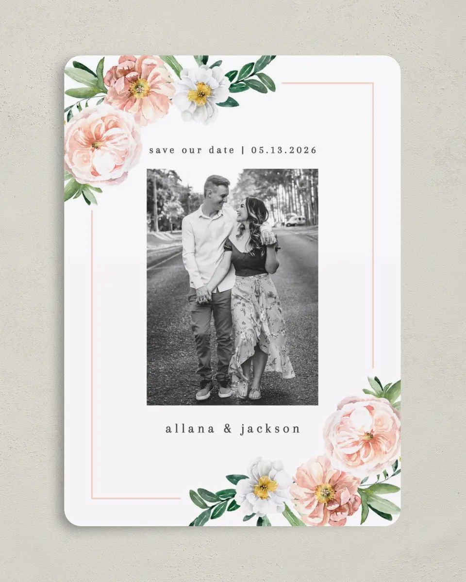 This is a 5" x 7" Save the Date Card called Delicate Florals printed in full color on Premium Smooth paper