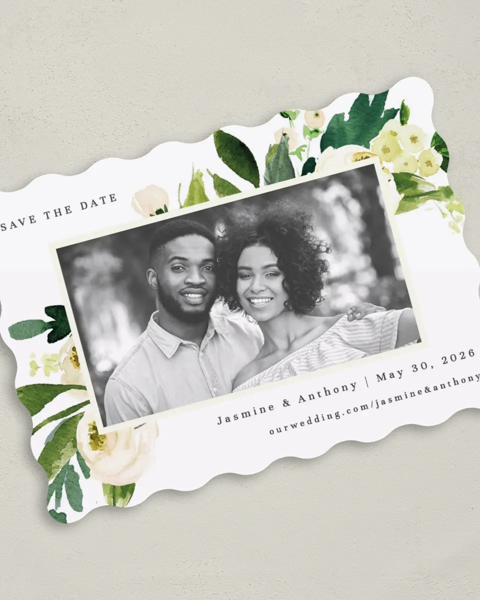 This is a 5" x 7" Save the Date Card called Wedding Florals printed in full color on Premium Smooth paper