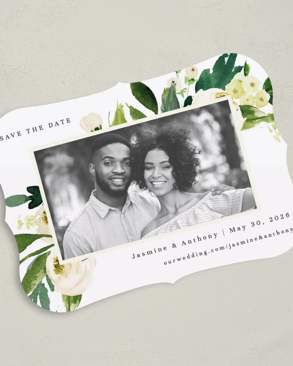 This is a 5" x 7" Save the Date Card called Wedding Florals printed in full color on Premium Smooth paper