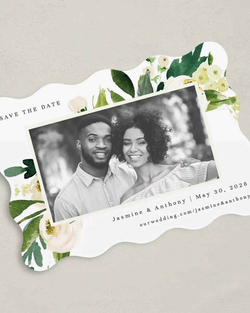 This is a 5" x 7" Save the Date Card called Wedding Florals printed in full color on Premium Smooth paper