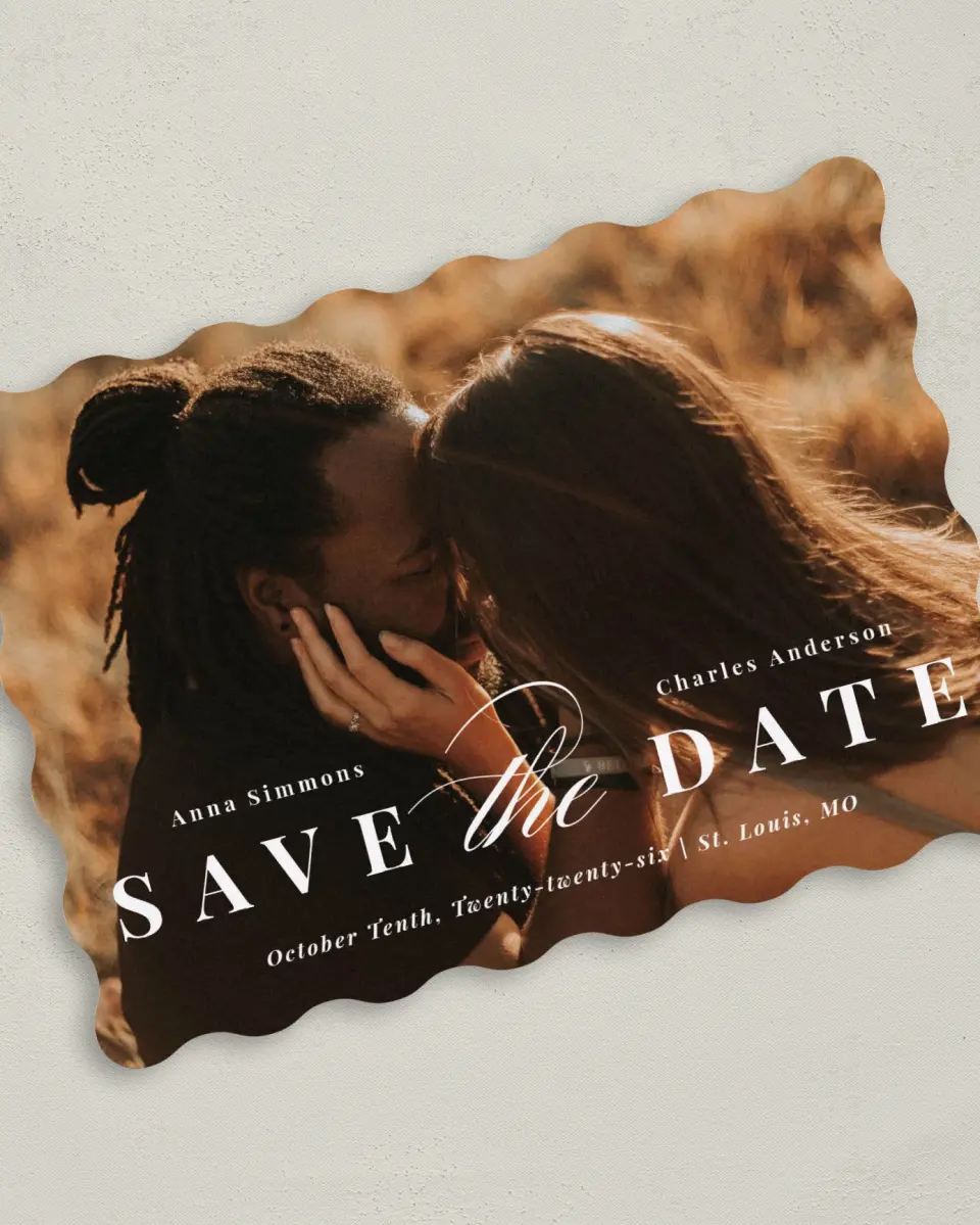This is a 5" x 7" Save the Date Card called Heavenly Bliss printed in full color on Premium Smooth paper