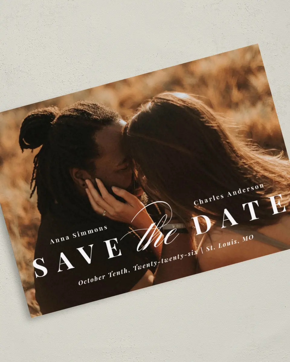 This is a 5" x 7" Save the Date Card called Heavenly Bliss printed in full color on Premium Smooth paper