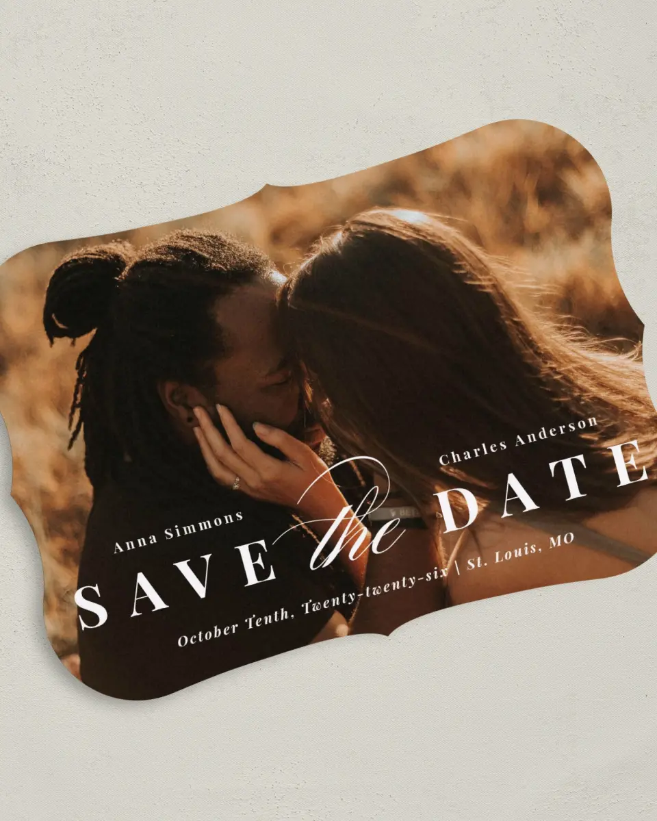 This is a 5" x 7" Save the Date Card called Heavenly Bliss printed in full color on Premium Smooth paper