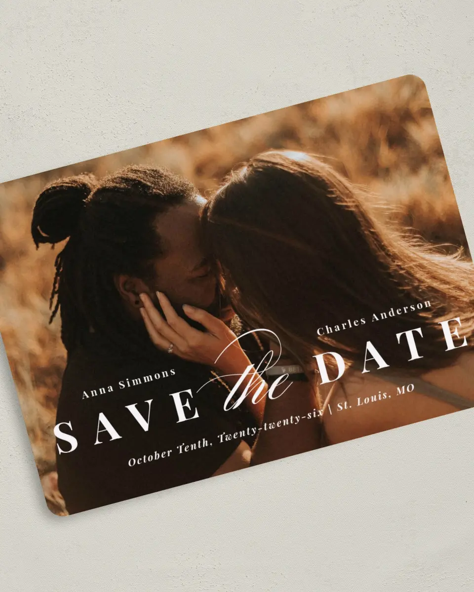 This is a 5" x 7" Save the Date Card called Heavenly Bliss printed in full color on Premium Smooth paper