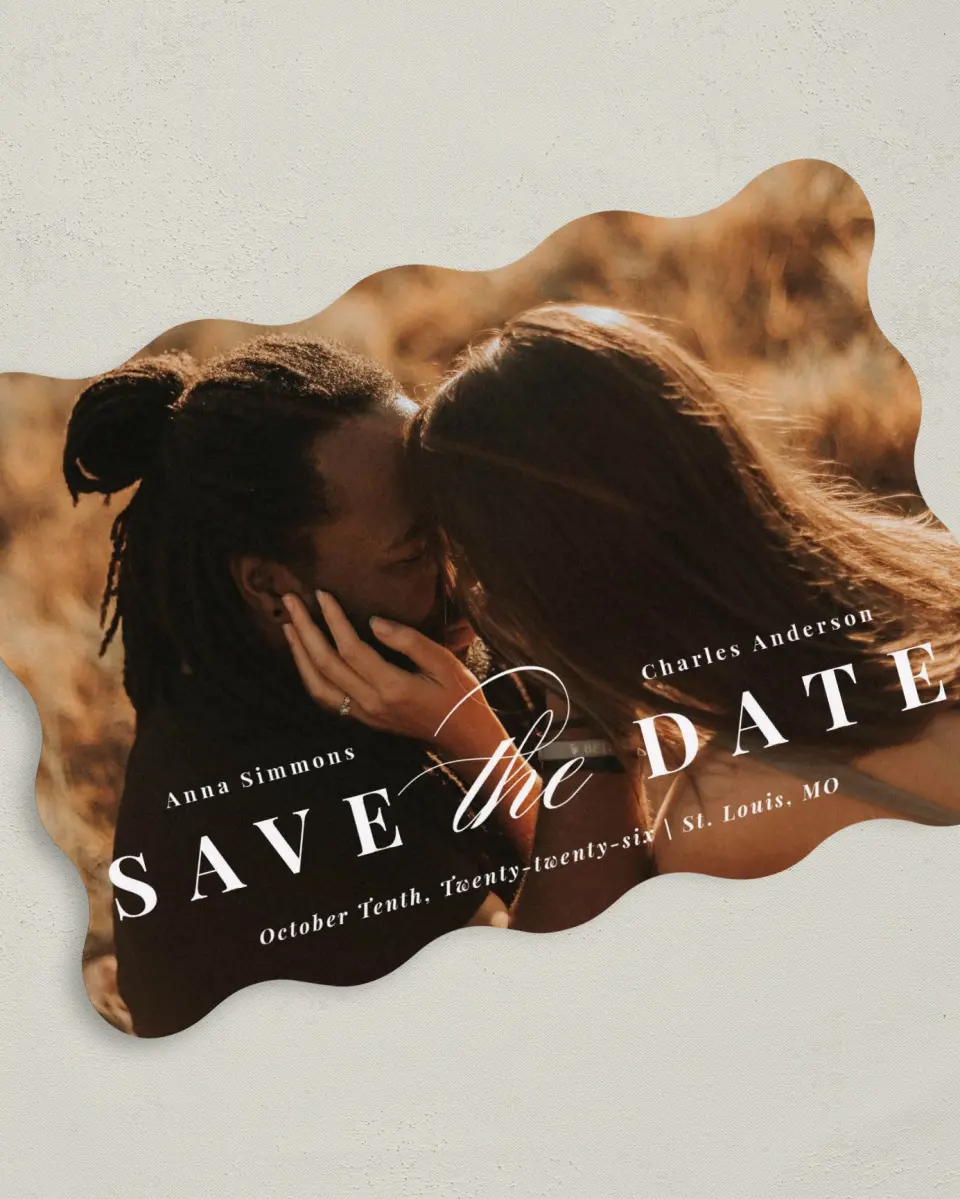 This is a 5" x 7" Save the Date Card called Heavenly Bliss printed in full color on Premium Smooth paper