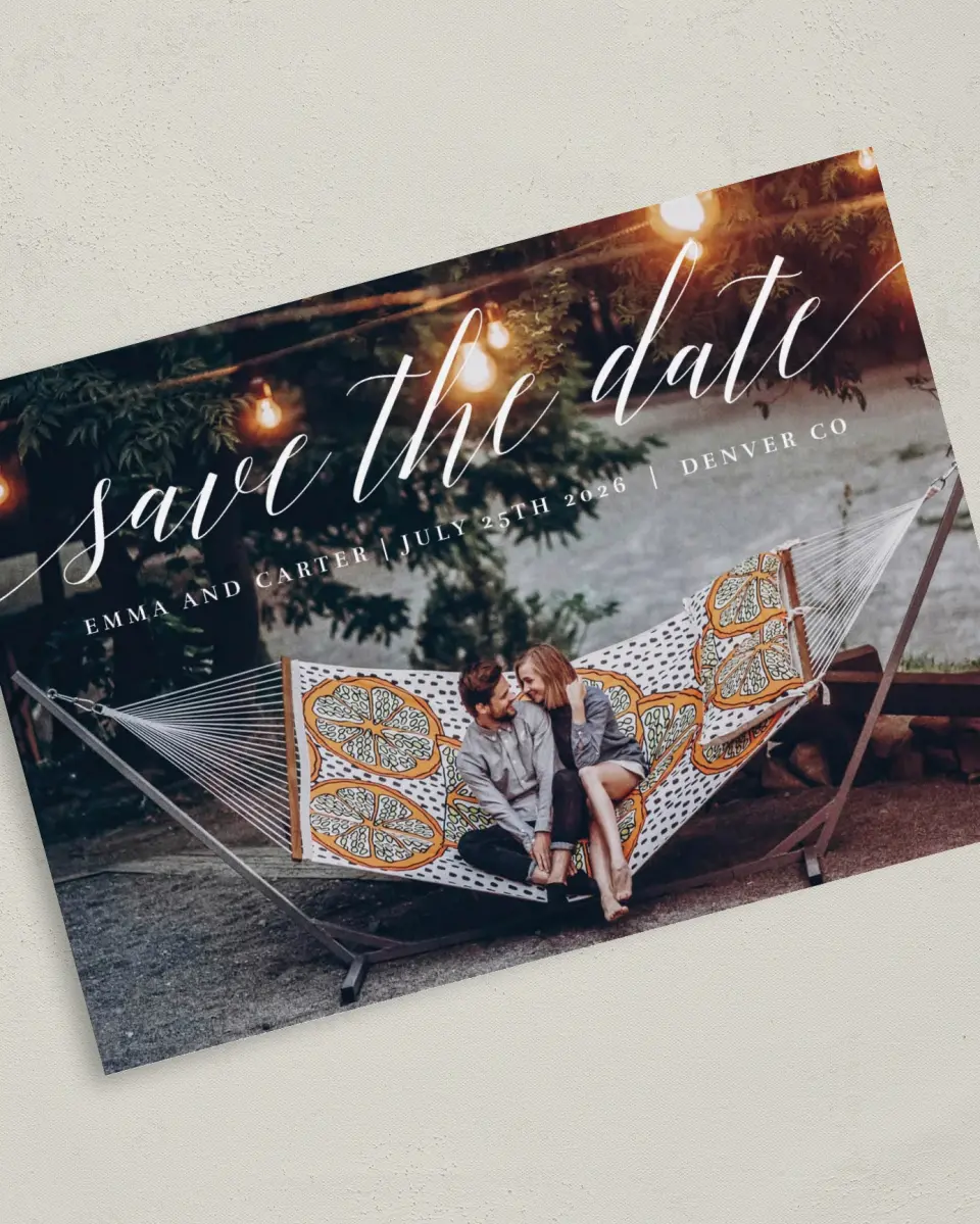 This is a 5" x 7" Save the Date Card called Twinkling Lights printed in full color on Premium Smooth paper