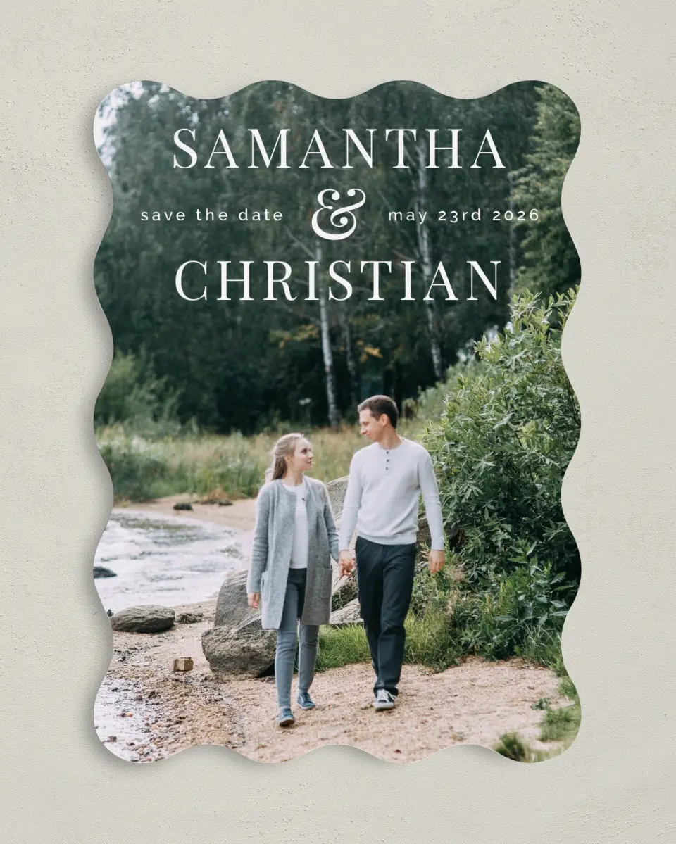 This is a 5" x 7" Save the Date Card called Wooded Stroll printed in full color on Premium Smooth paper
