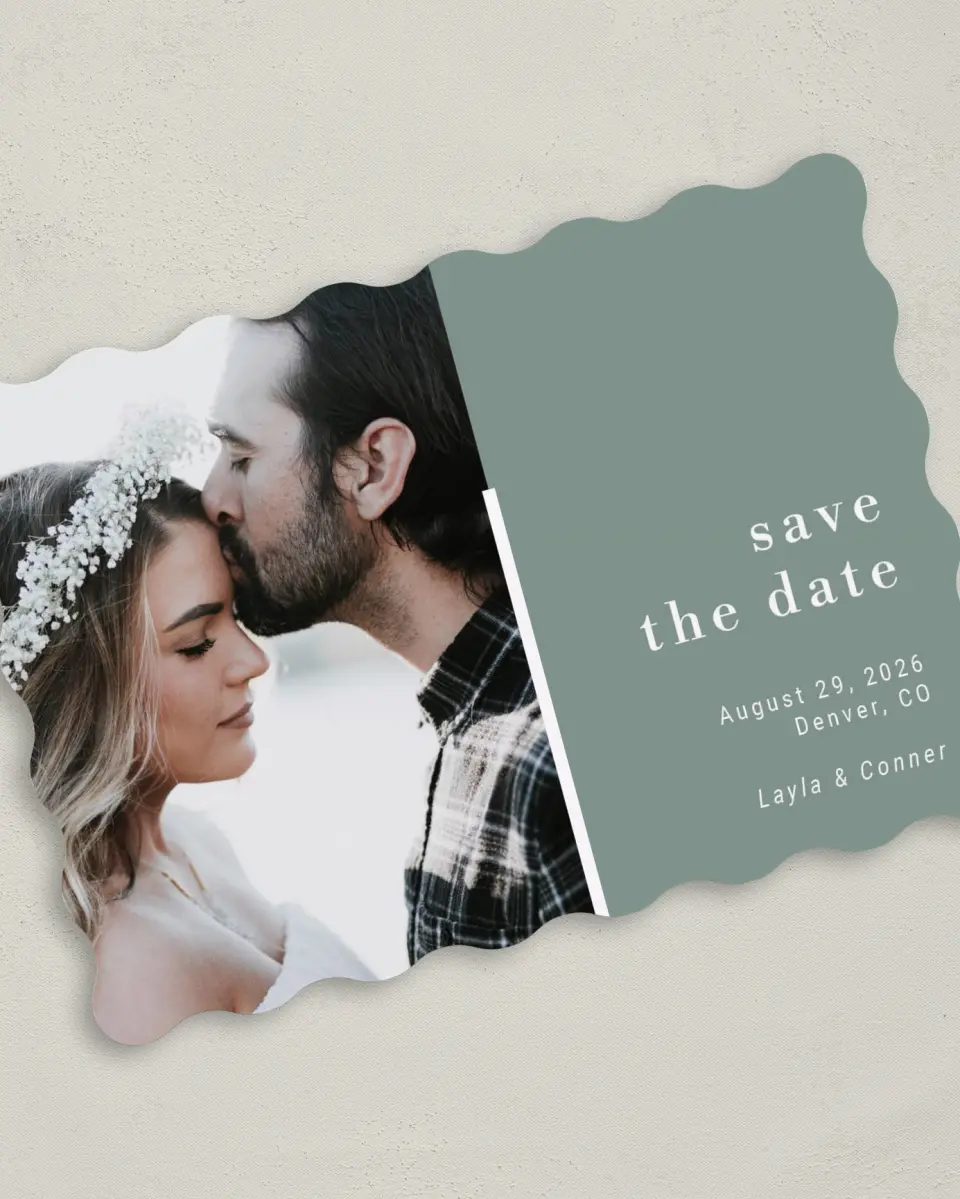 This is a 5" x 7" Save the Date Card called Breathless printed in full color on Premium Smooth paper