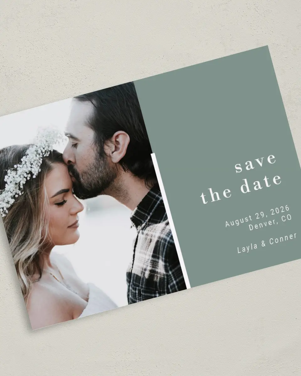 This is a 5" x 7" Save the Date Card called Breathless printed in full color on Premium Smooth paper