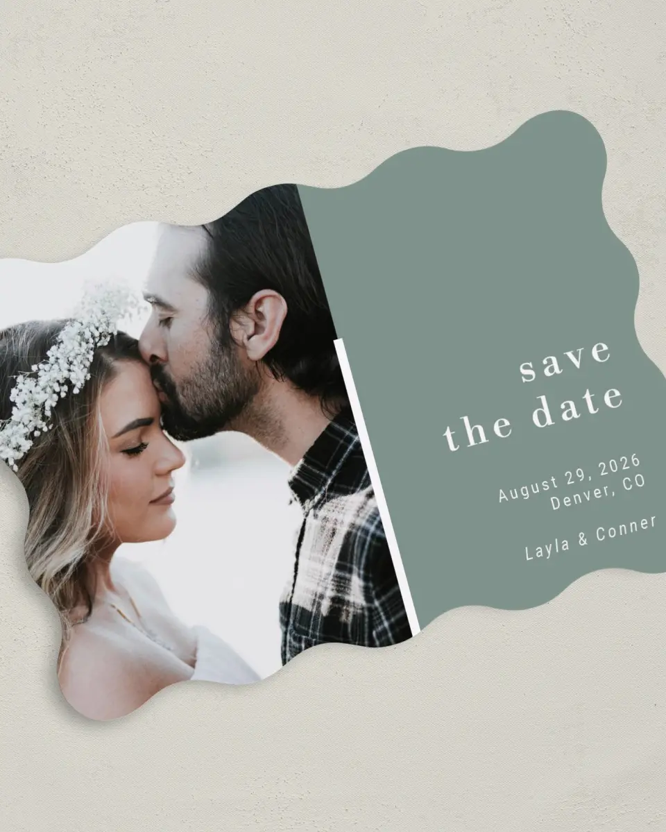 This is a 5" x 7" Save the Date Card called Breathless printed in full color on Premium Smooth paper