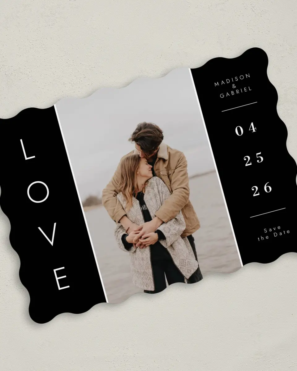 This is a 5" x 7" Save the Date Card called Cozy Love printed in full color on Premium Smooth paper