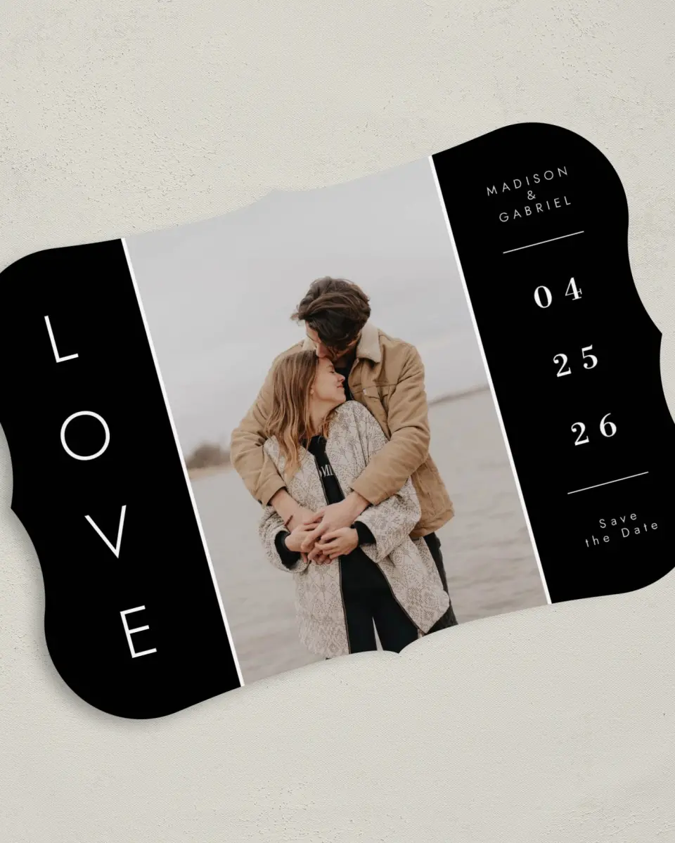 This is a 5" x 7" Save the Date Card called Cozy Love printed in full color on Premium Smooth paper