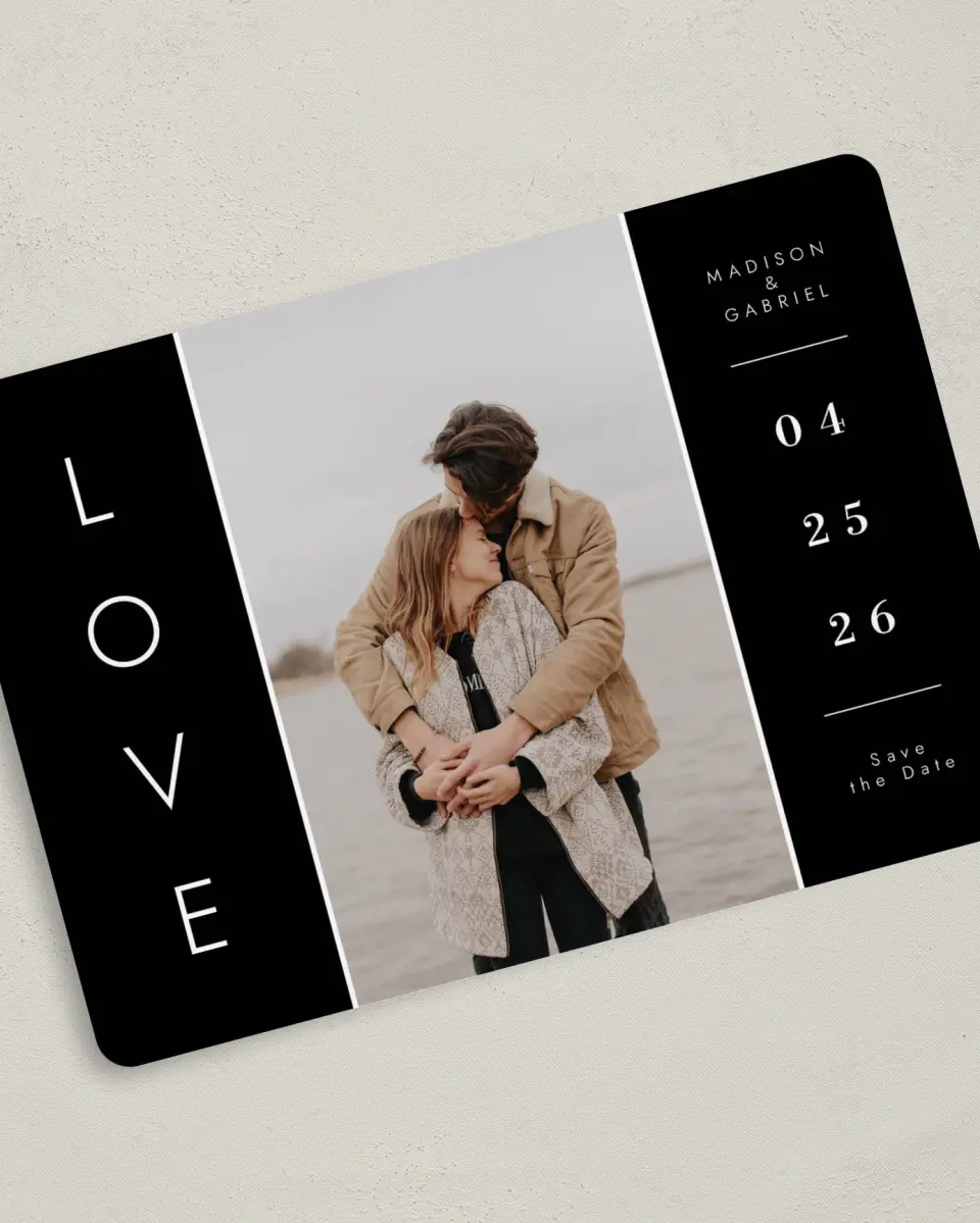 This is a 5" x 7" Save the Date Card called Cozy Love printed in full color on Premium Smooth paper