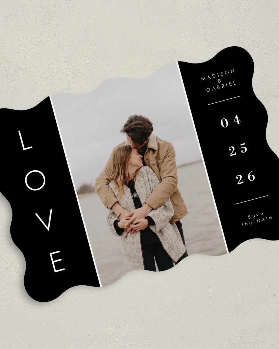 This is a 5" x 7" Save the Date Card called Cozy Love printed in full color on Premium Smooth paper