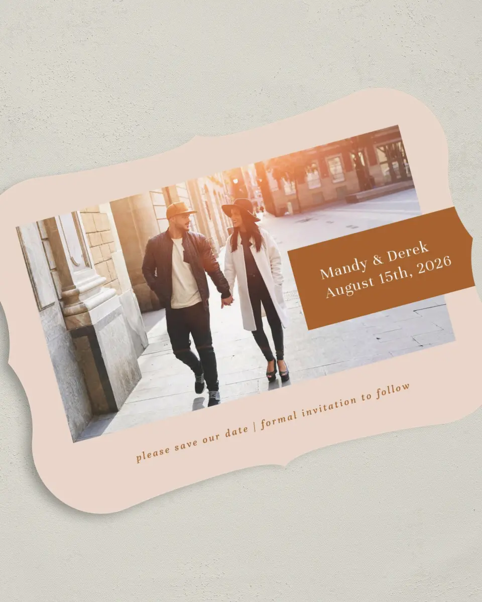 This is a 5" x 7" Save the Date Card called Morning Sun printed in full color on Premium Smooth paper