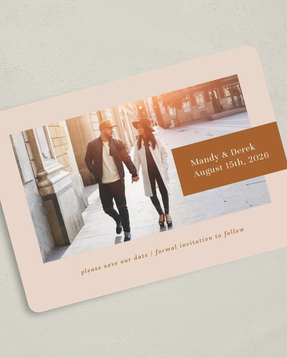 This is a 5" x 7" Save the Date Card called Morning Sun printed in full color on Premium Smooth paper