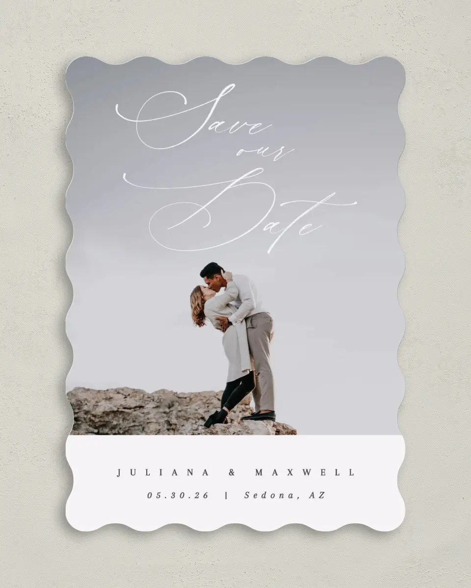 This is a 5" x 7" Save the Date Card called Loveswept printed in full color on Premium Smooth paper