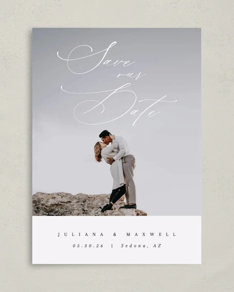 This is a 5" x 7" Save the Date Card called Loveswept printed in full color on Premium Smooth paper