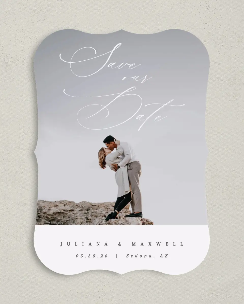 This is a 5" x 7" Save the Date Card called Loveswept printed in full color on Premium Smooth paper