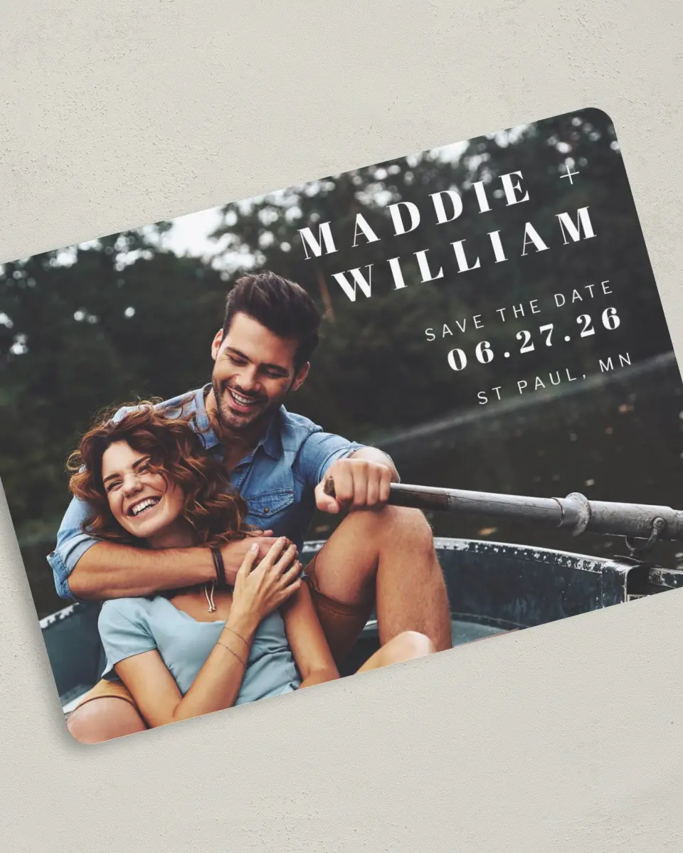 This is a 5" x 7" Save the Date Card called Perfect Pair printed in full color on Premium Smooth paper