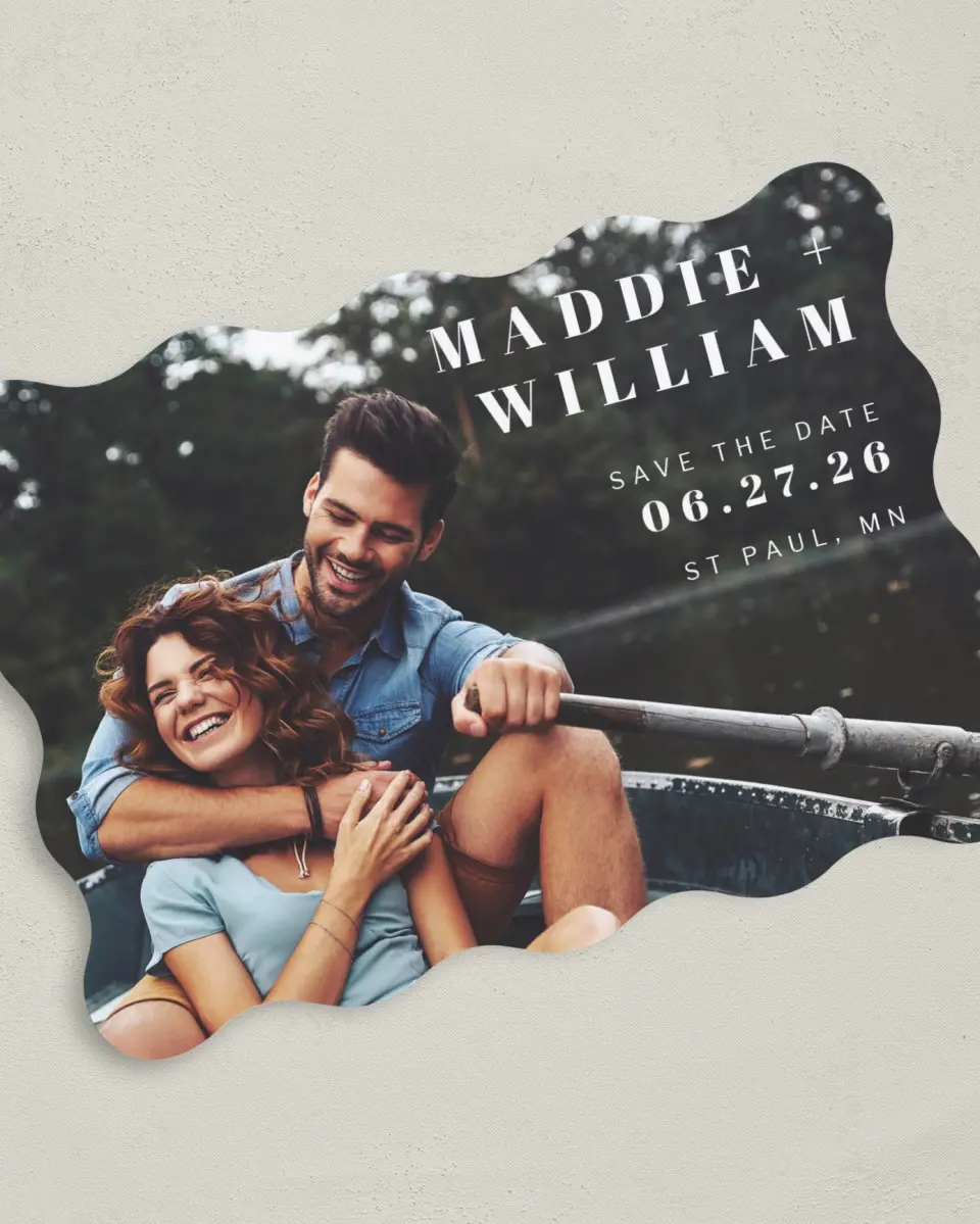 This is a 5" x 7" Save the Date Card called Perfect Pair printed in full color on Premium Smooth paper