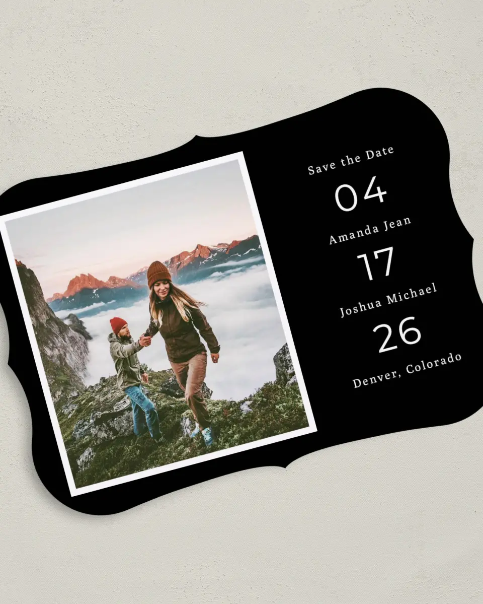 This is a 5" x 7" Save the Date Card called Framed Vista printed in full color on Premium Smooth paper