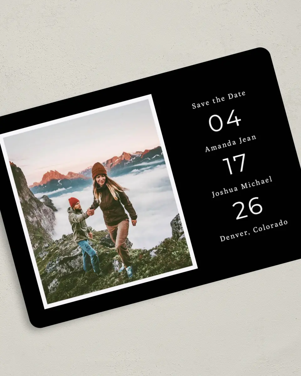 This is a 5" x 7" Save the Date Card called Framed Vista printed in full color on Premium Smooth paper