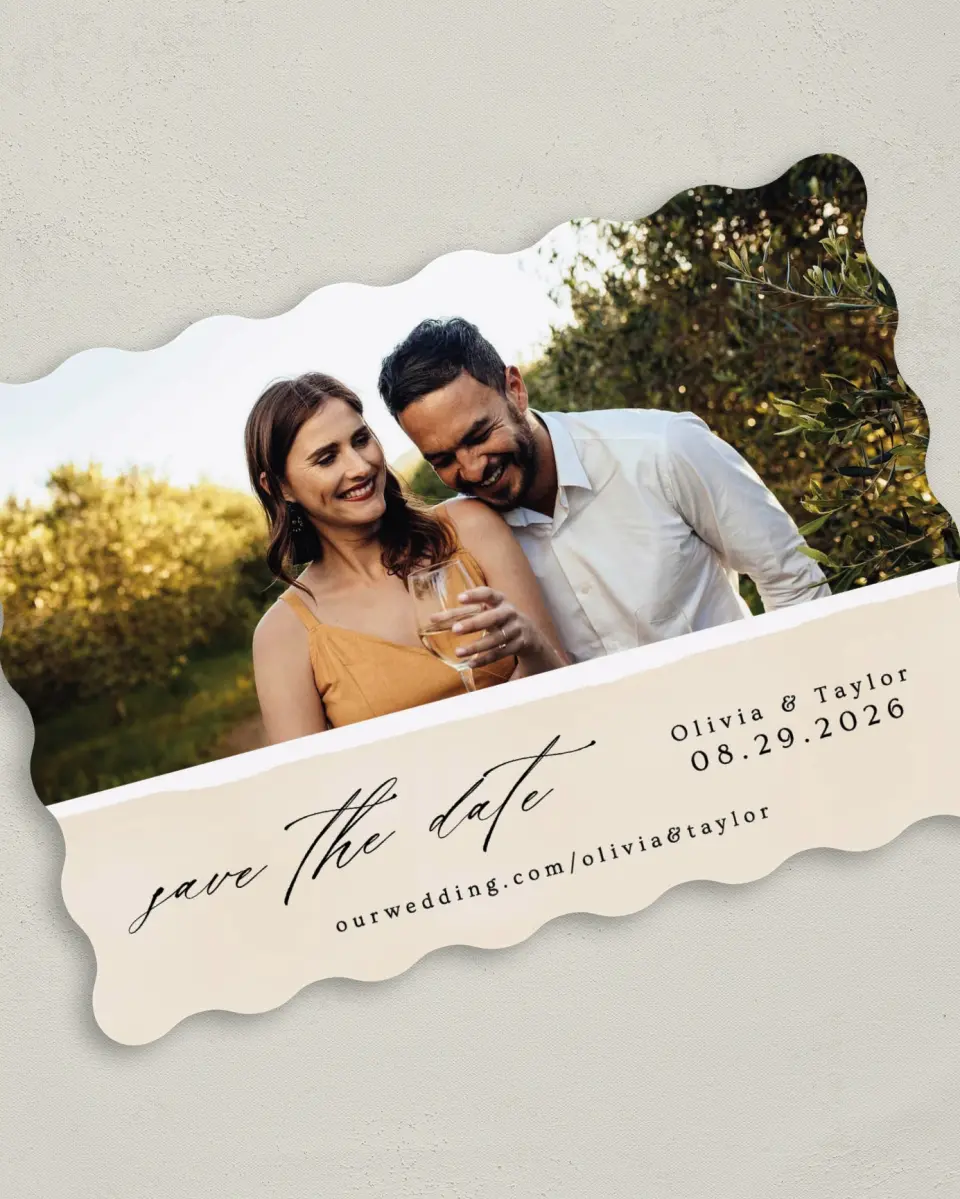 This is a 5" x 7" Save the Date Card called Sweeping Romance printed in full color on Premium Smooth paper