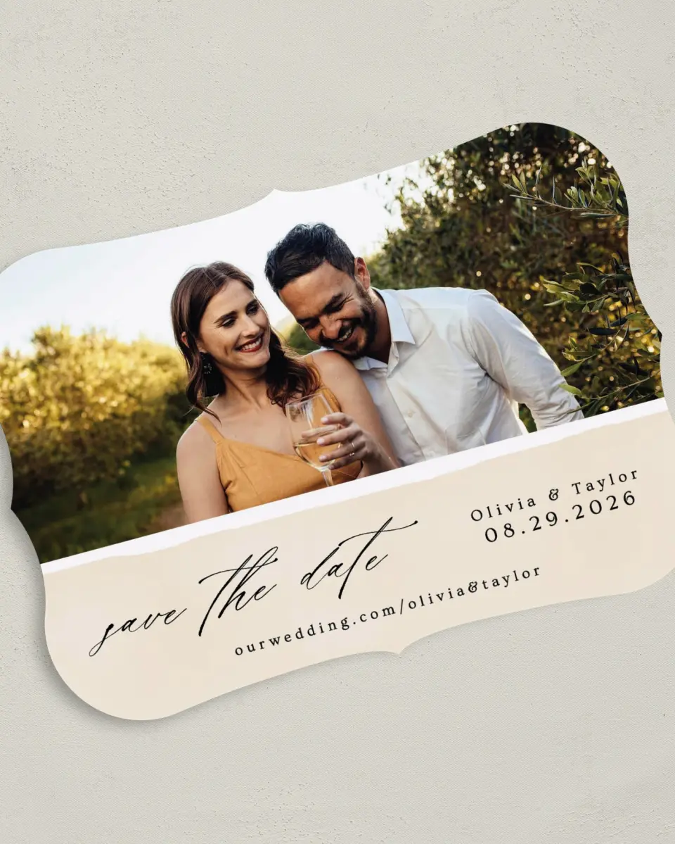 This is a 5" x 7" Save the Date Card called Sweeping Romance printed in full color on Premium Smooth paper