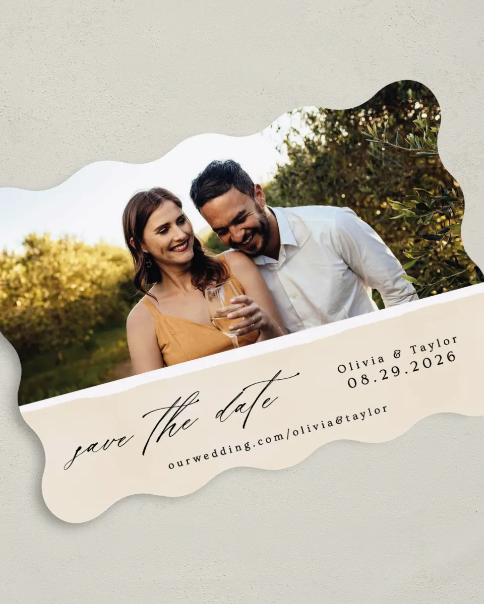 This is a 5" x 7" Save the Date Card called Sweeping Romance printed in full color on Premium Smooth paper