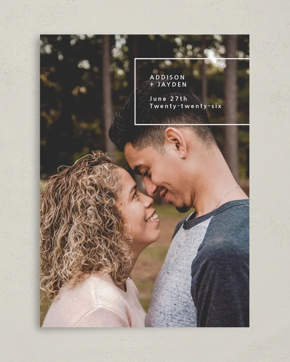 This is a 5" x 7" Save the Date Card called All Yours printed in full color on Premium Smooth paper
