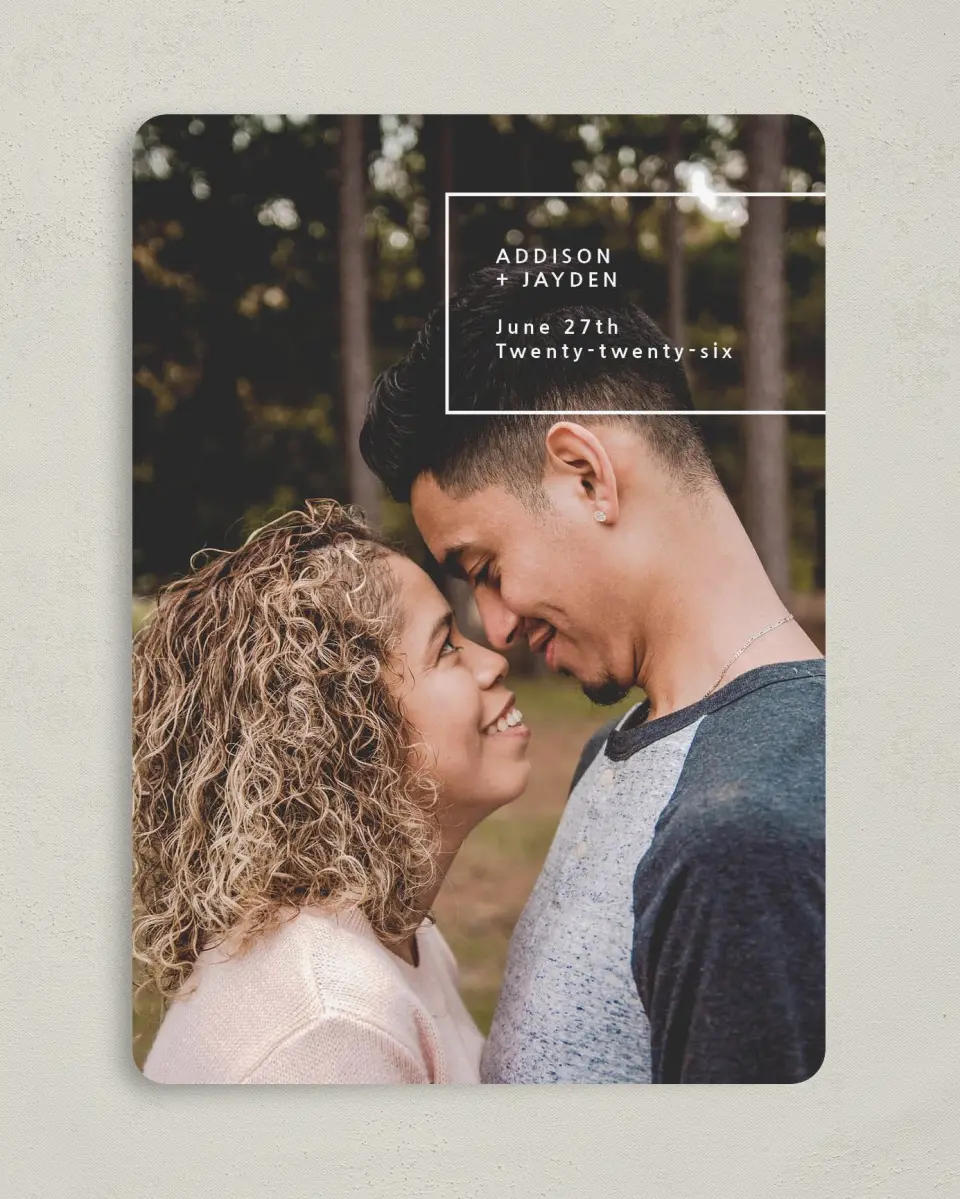 This is a 5" x 7" Save the Date Card called All Yours printed in full color on Premium Smooth paper