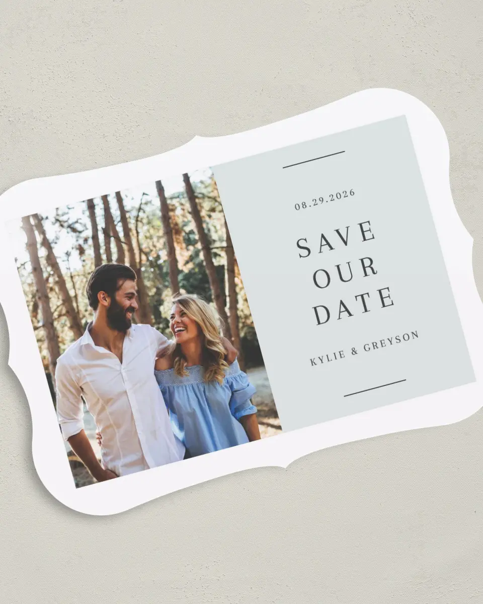This is a 5" x 7" Save the Date Card called Sweet Request printed in full color on Premium Smooth paper