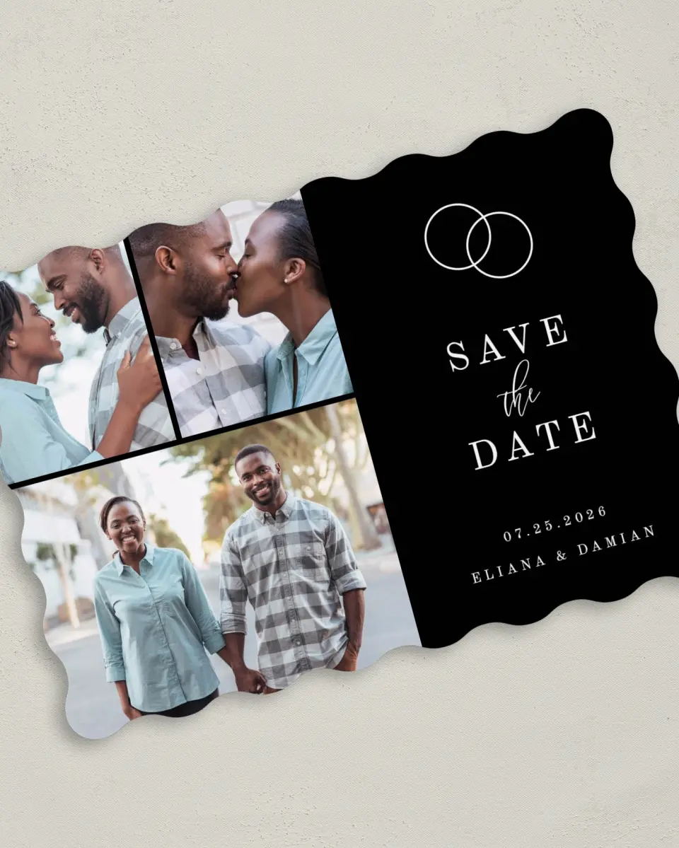 This is a 5" x 7" Save the Date Card called Intertwined printed in full color on Premium Smooth paper