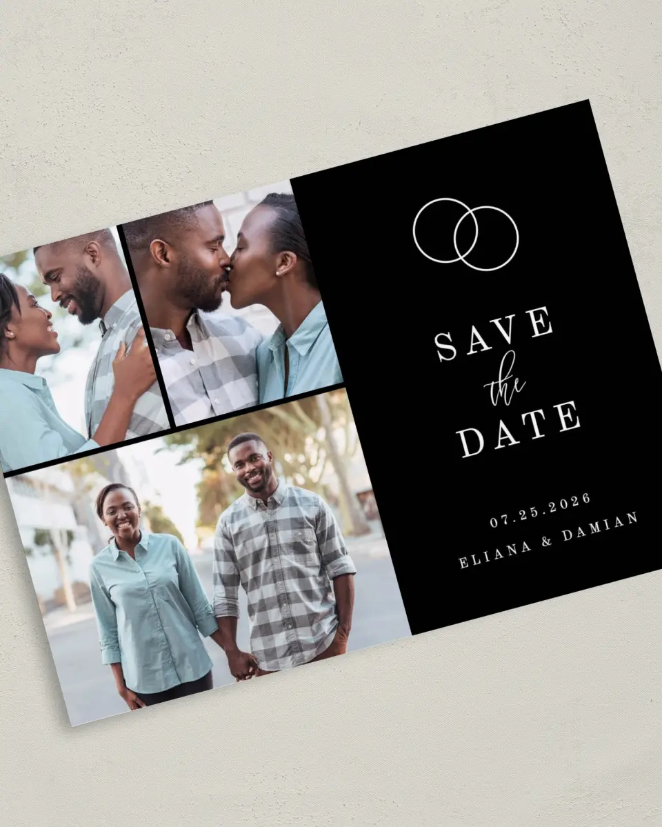 This is a 5" x 7" Save the Date Card called Intertwined printed in full color on Premium Smooth paper