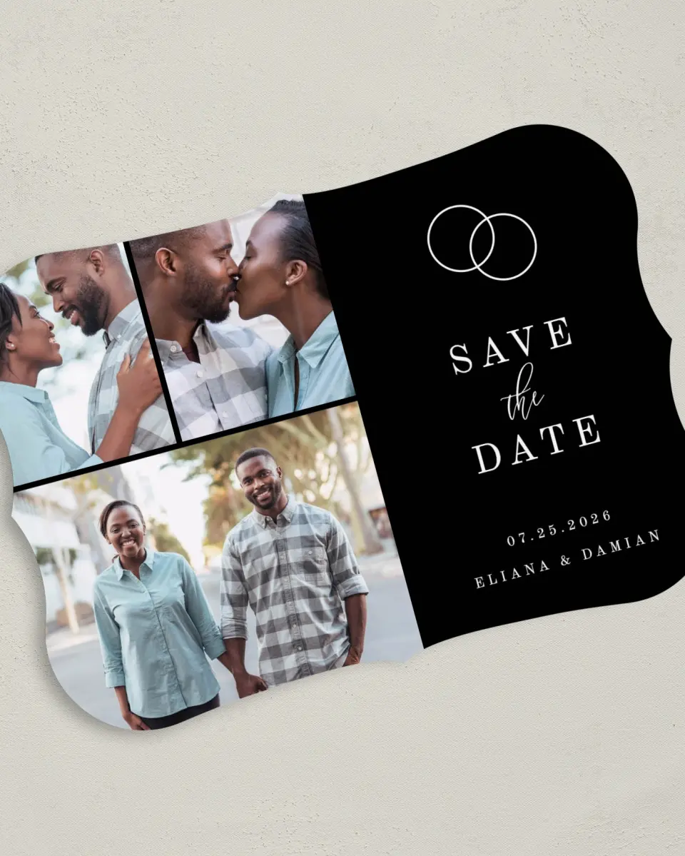 This is a 5" x 7" Save the Date Card called Intertwined printed in full color on Premium Smooth paper