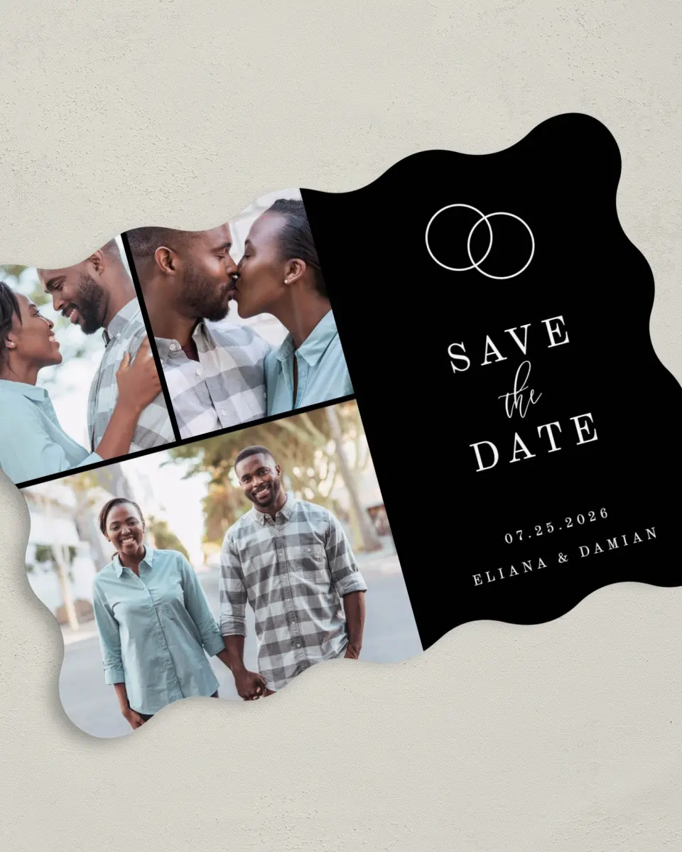 This is a 5" x 7" Save the Date Card called Intertwined printed in full color on Premium Smooth paper