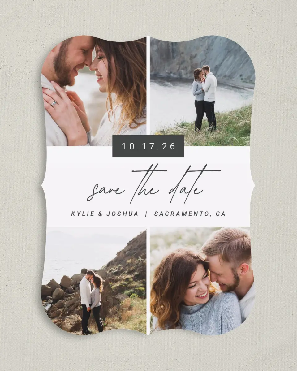 This is a 5" x 7" Save the Date Card called Corner Photos printed in full color on Premium Smooth paper