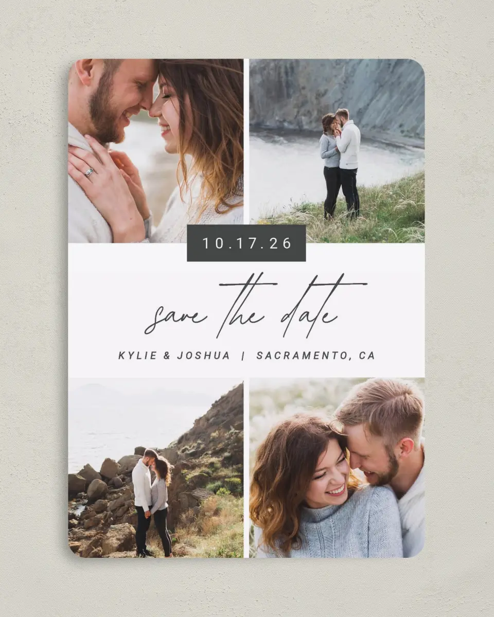 This is a 5" x 7" Save the Date Card called Corner Photos printed in full color on Premium Smooth paper