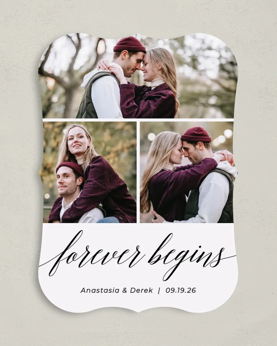 This is a 5" x 7" Save the Date Card called Forever printed in full color on Premium Smooth paper