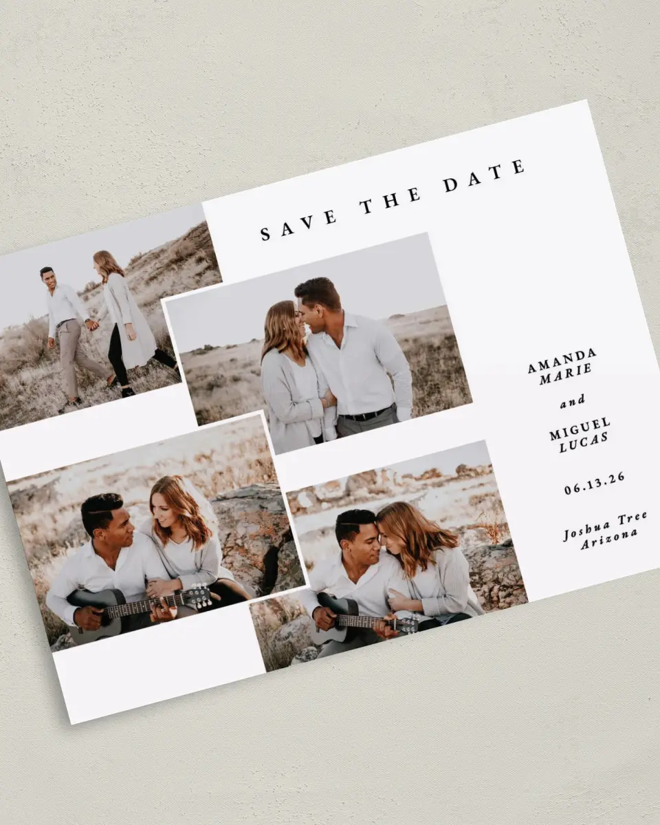 This is a 5" x 7" Save the Date Card called Calm Collage printed in full color on Premium Smooth paper