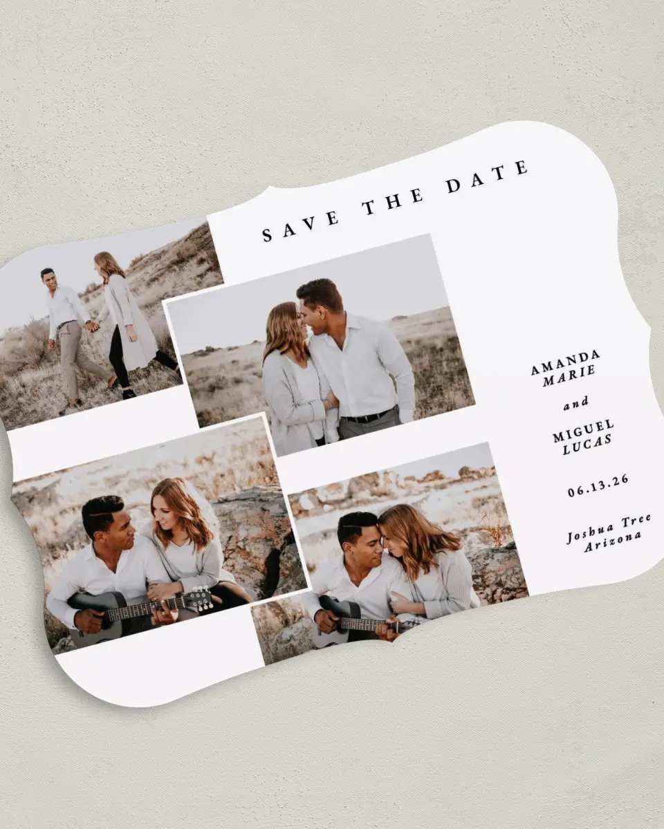 This is a 5" x 7" Save the Date Card called Calm Collage printed in full color on Premium Smooth paper