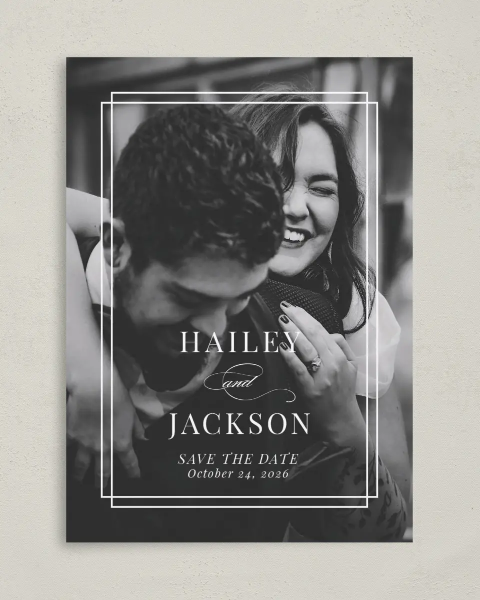 This is a 5" x 7" Save the Date Card called Because You're Mine printed in full color on Premium Smooth paper