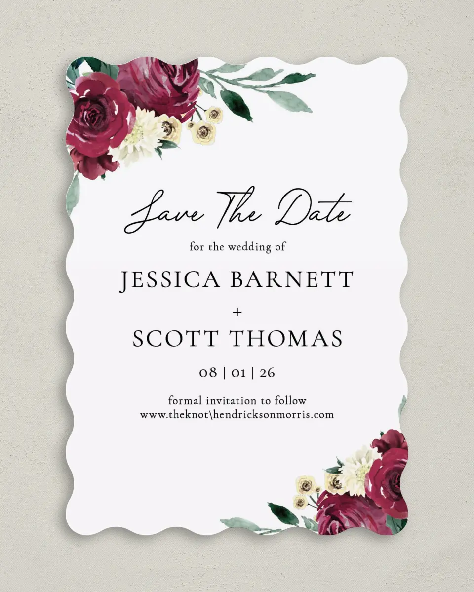 This is a 5" x 7" Save the Date Card called Floral Touch printed in full color with Gold foil on Luxe Satin (coated) paper