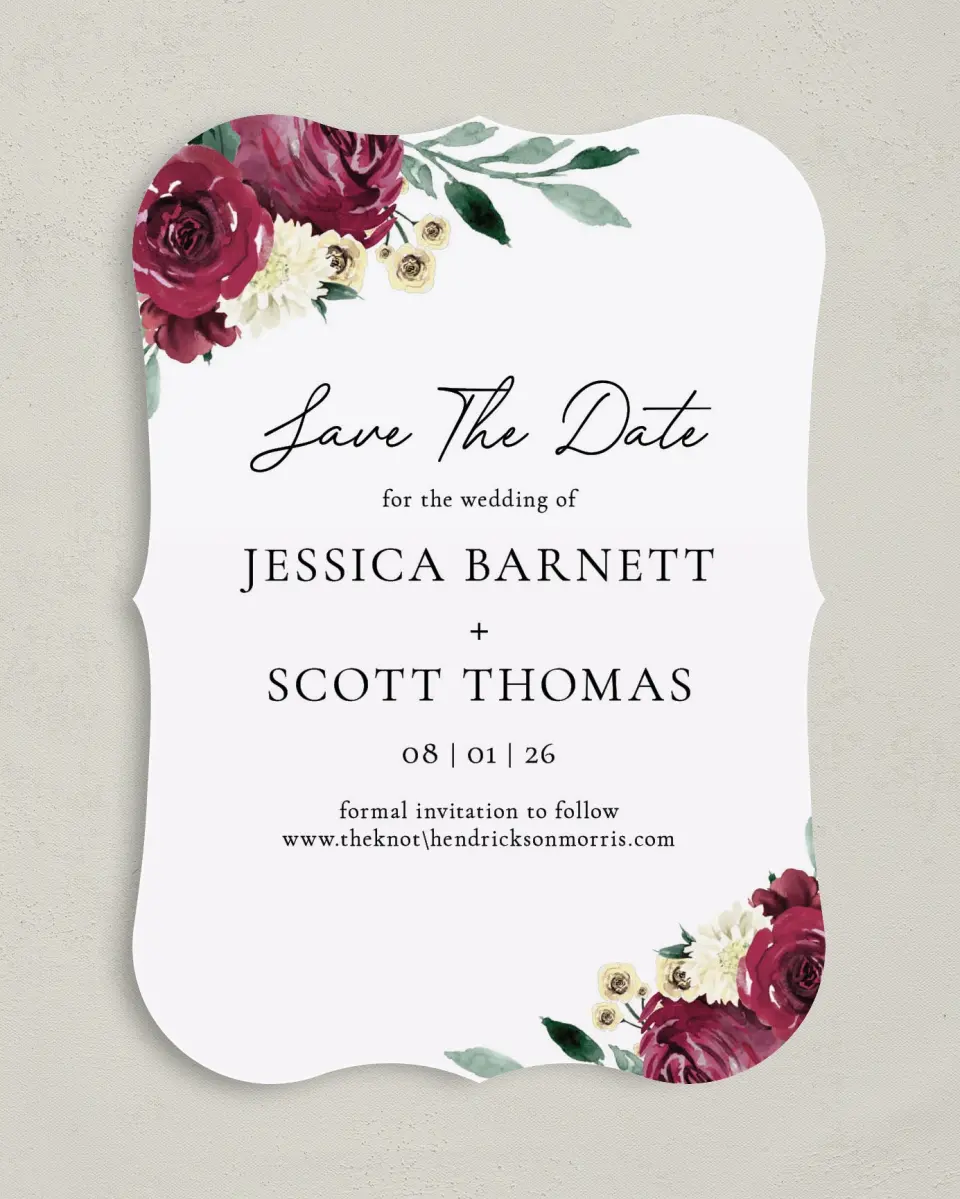 This is a 5" x 7" Save the Date Card called Floral Touch printed in full color on Premium Smooth paper
