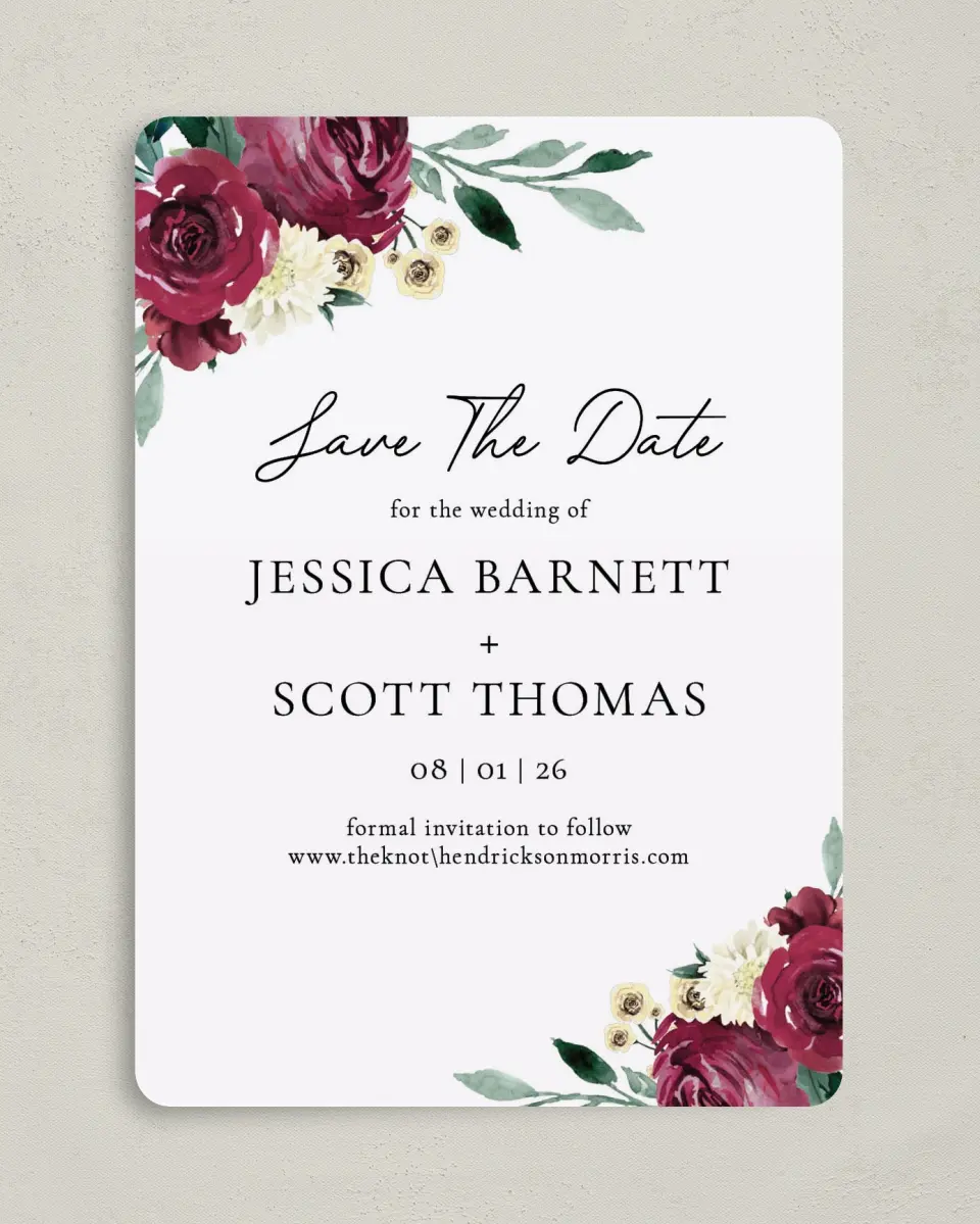 This is a 5" x 7" Save the Date Card called Floral Touch printed in full color on Premium Smooth paper